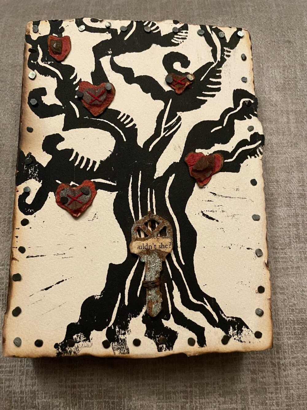 mixed-media art piece, wood cut, "Could Not" Karen Paul- Burges